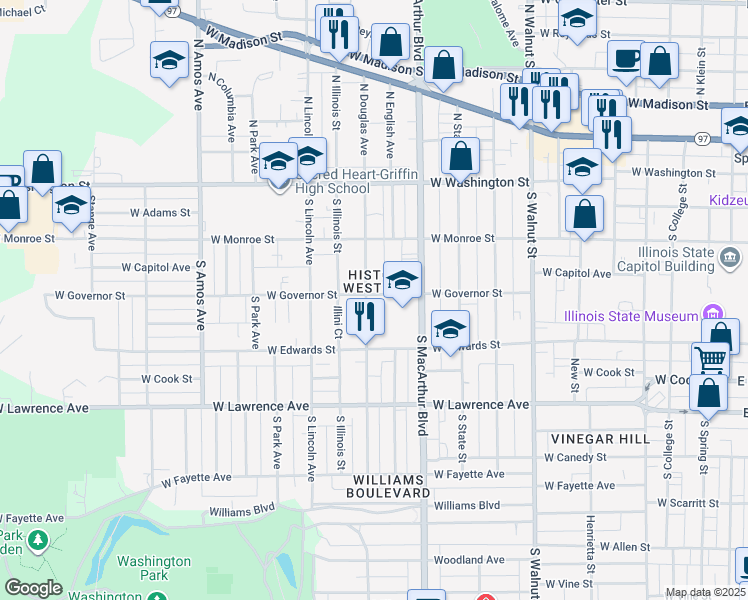 map of restaurants, bars, coffee shops, grocery stores, and more near in Springfield