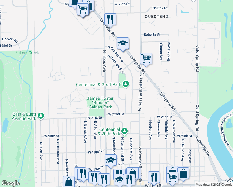map of restaurants, bars, coffee shops, grocery stores, and more near 2230 Groff Avenue in Indianapolis