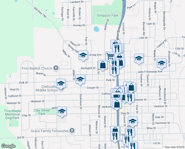 map of restaurants, bars, coffee shops, grocery stores, and more near 1101 McNally Street in Chillicothe