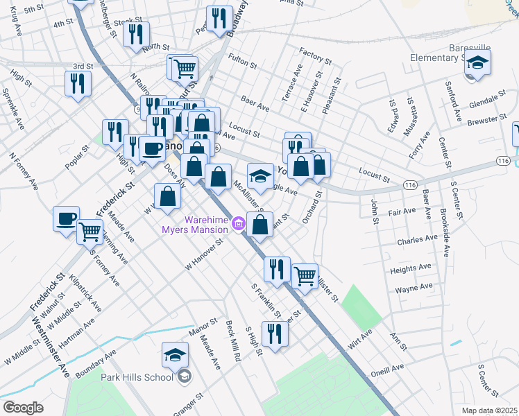 map of restaurants, bars, coffee shops, grocery stores, and more near 101 East Hanover Street in Hanover