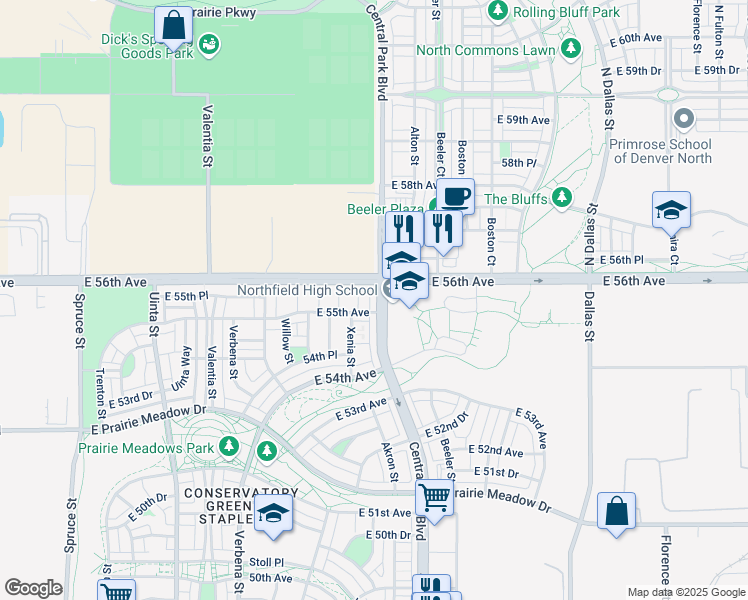 map of restaurants, bars, coffee shops, grocery stores, and more near 5537 Central Park Boulevard in Denver