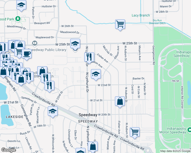 map of restaurants, bars, coffee shops, grocery stores, and more near 5240 West 22nd Street in Indianapolis