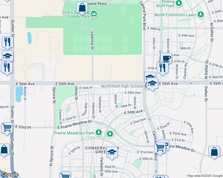 map of restaurants, bars, coffee shops, grocery stores, and more near 5546 Wabash Street in Denver