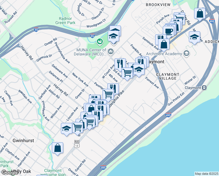 map of restaurants, bars, coffee shops, grocery stores, and more near 3025 West Court Avenue in Claymont