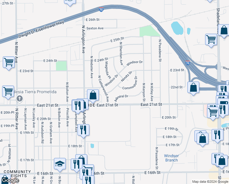 map of restaurants, bars, coffee shops, grocery stores, and more near 6147 Commodore Drive in Indianapolis