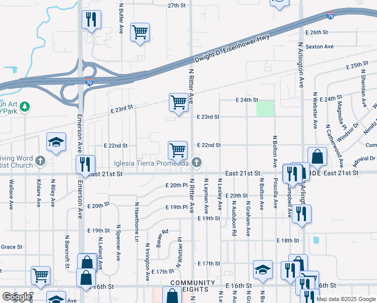 map of restaurants, bars, coffee shops, grocery stores, and more near 2150 North Ritter Avenue in Indianapolis