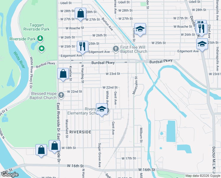 map of restaurants, bars, coffee shops, grocery stores, and more near 2187 West 22nd Street in Indianapolis