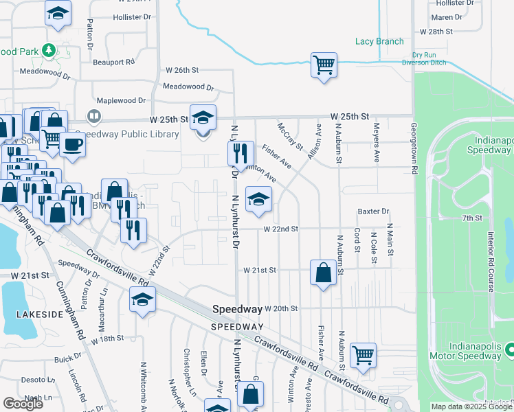 map of restaurants, bars, coffee shops, grocery stores, and more near 5240 West 22nd Street in Indianapolis