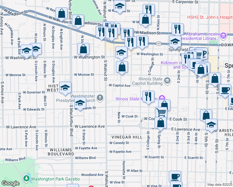 map of restaurants, bars, coffee shops, grocery stores, and more near 406 South Walnut Street in Springfield