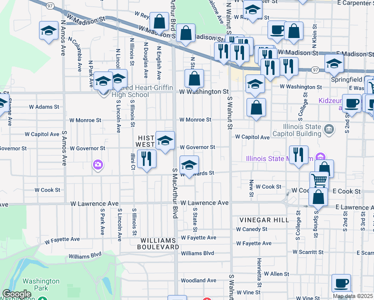 map of restaurants, bars, coffee shops, grocery stores, and more near 435 South State Street in Springfield
