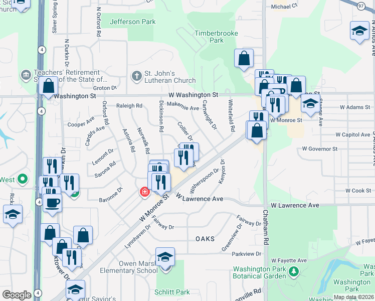 map of restaurants, bars, coffee shops, grocery stores, and more near 304 Cranmer Drive in Springfield