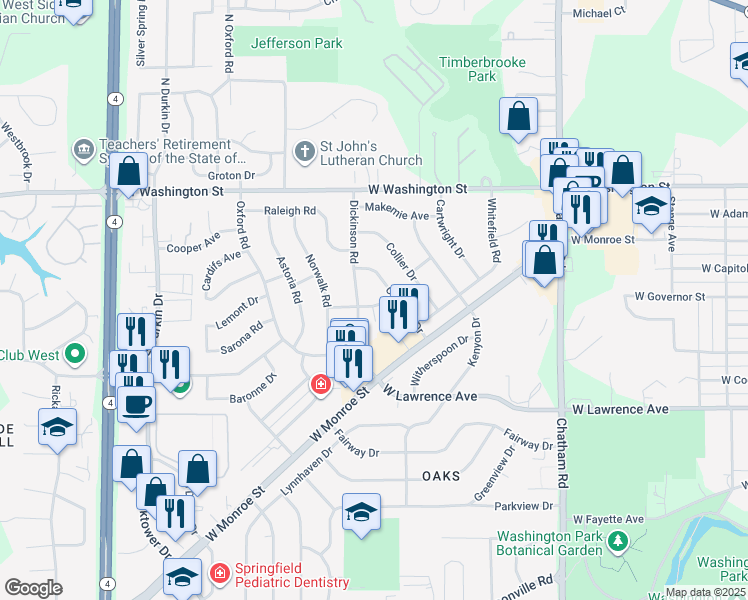 map of restaurants, bars, coffee shops, grocery stores, and more near 228 Dickinson Road in Springfield