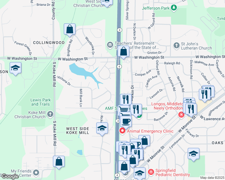 map of restaurants, bars, coffee shops, grocery stores, and more near 310 Brandywine Road in Springfield