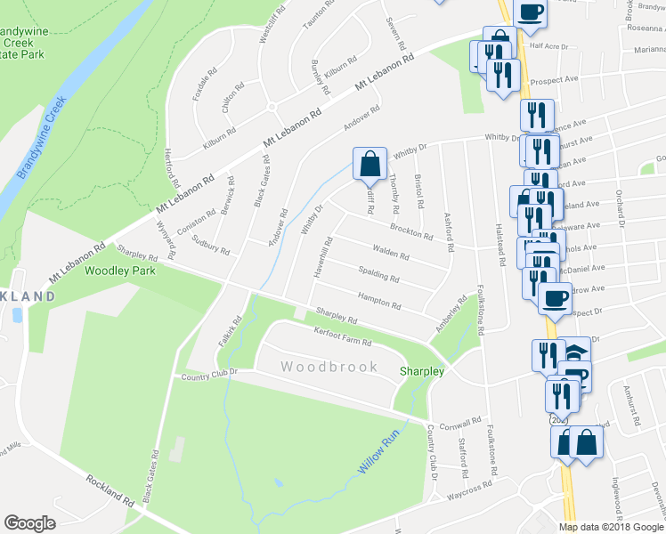 map of restaurants, bars, coffee shops, grocery stores, and more near 332 Spalding Road in Wilmington