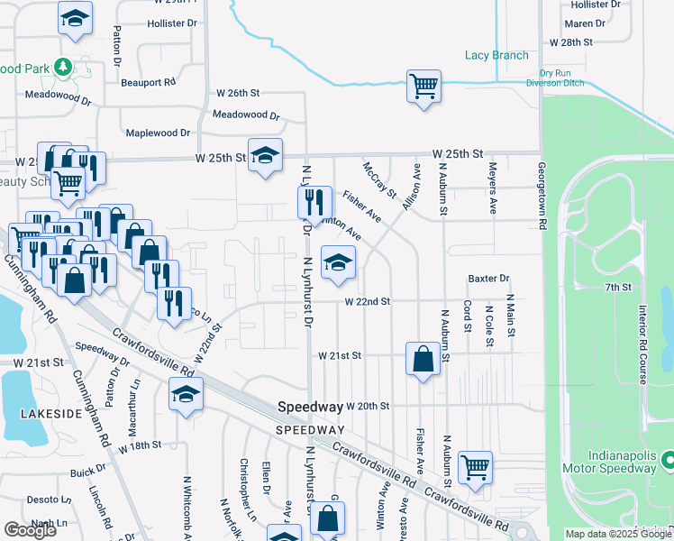 map of restaurants, bars, coffee shops, grocery stores, and more near 5240 West 22nd Street in Indianapolis