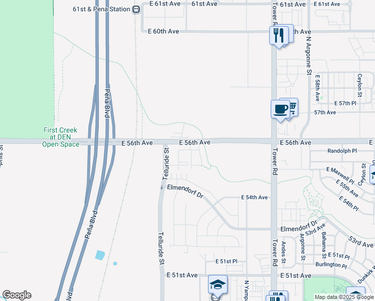 map of restaurants, bars, coffee shops, grocery stores, and more near 5500 North Telluride Street in Aurora