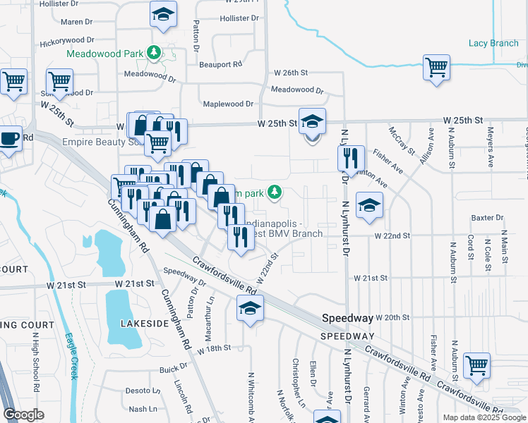map of restaurants, bars, coffee shops, grocery stores, and more near 2234 Hermitage Way in Indianapolis