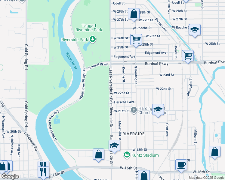 map of restaurants, bars, coffee shops, grocery stores, and more near 2207 East Riverside Drive in Indianapolis