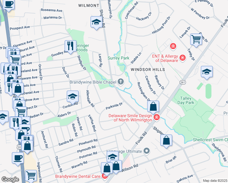 map of restaurants, bars, coffee shops, grocery stores, and more near 2008 Shipley Road in Wilmington
