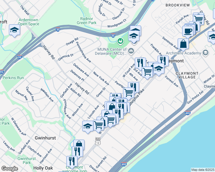 map of restaurants, bars, coffee shops, grocery stores, and more near 2810 Green Street in Claymont