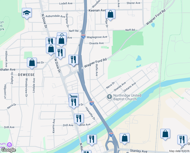 map of restaurants, bars, coffee shops, grocery stores, and more near 3417 Rolfe Avenue in Dayton