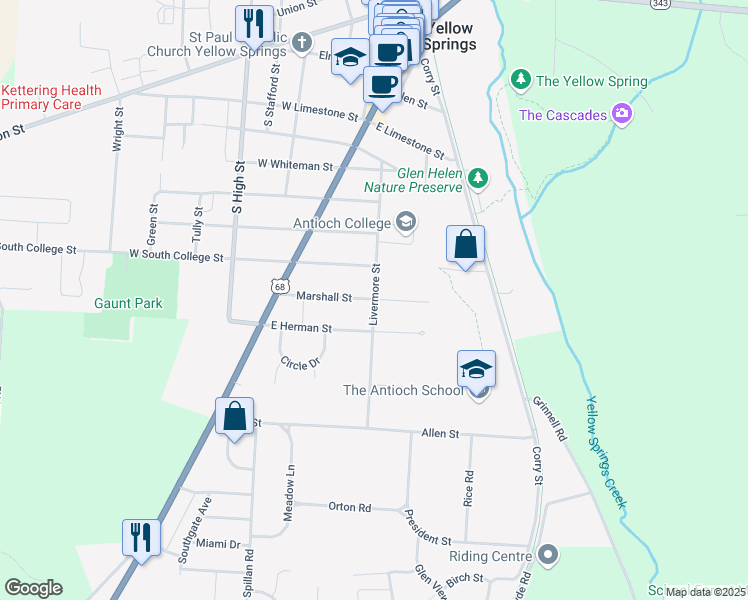 map of restaurants, bars, coffee shops, grocery stores, and more near 200 Marshall Street in Yellow Springs