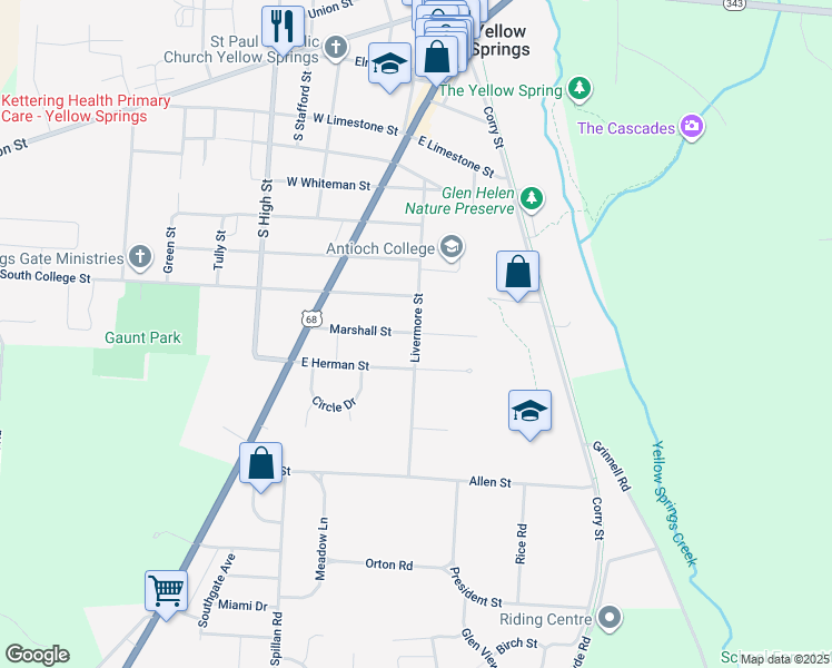 map of restaurants, bars, coffee shops, grocery stores, and more near 200 Marshall Street in Yellow Springs