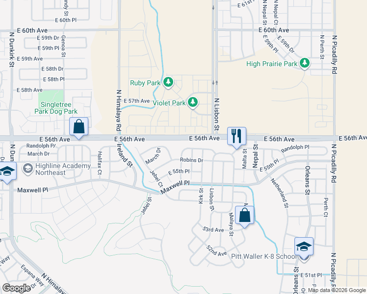 map of restaurants, bars, coffee shops, grocery stores, and more near 20601 Randolph Place in Denver