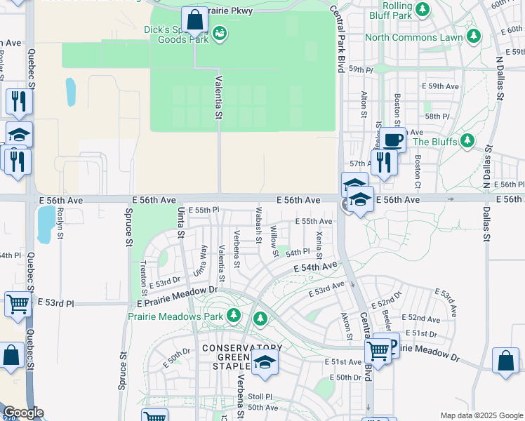 map of restaurants, bars, coffee shops, grocery stores, and more near 5546 Wabash Street in Denver