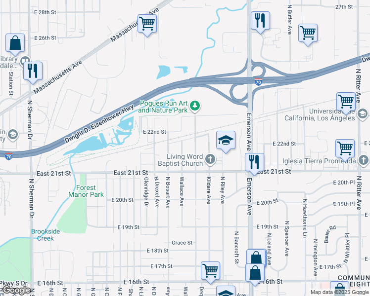 map of restaurants, bars, coffee shops, grocery stores, and more near 2162 Wallace Avenue in Indianapolis