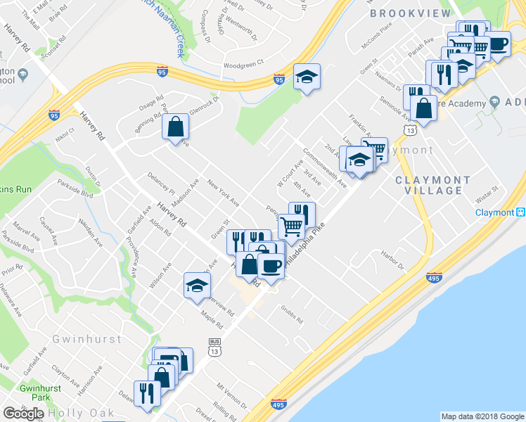 map of restaurants, bars, coffee shops, grocery stores, and more near 122 Pennsylvania Avenue in Claymont
