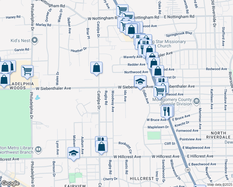 map of restaurants, bars, coffee shops, grocery stores, and more near 331 Hillway Drive in Dayton