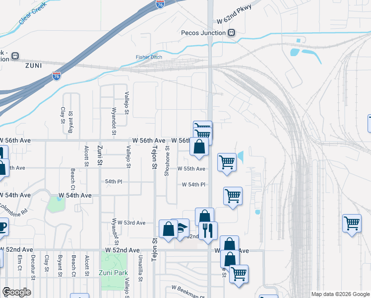 map of restaurants, bars, coffee shops, grocery stores, and more near 5582 Raritan Way in Denver