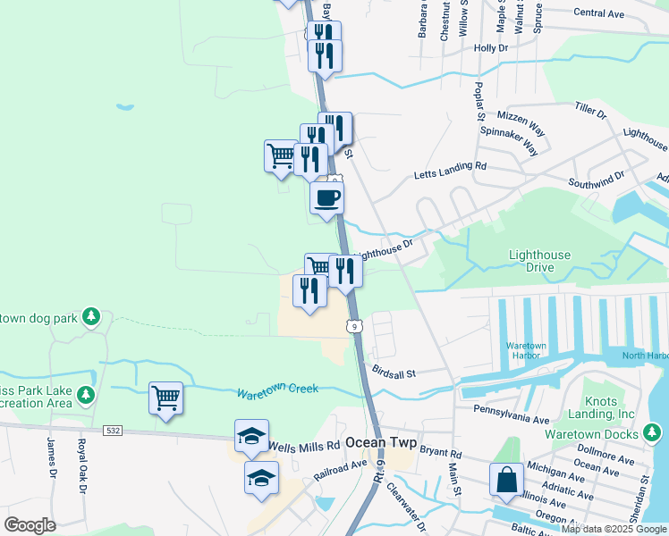 map of restaurants, bars, coffee shops, grocery stores, and more near 100 Memorial Drive in Ocean Township