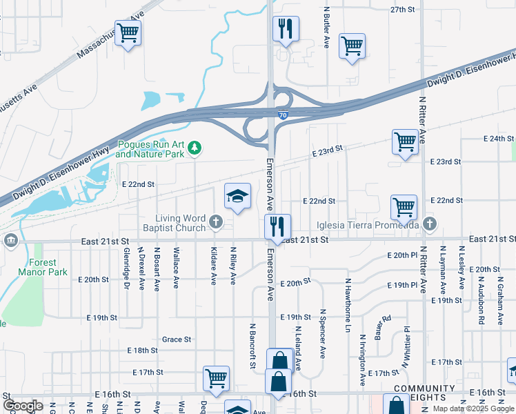 map of restaurants, bars, coffee shops, grocery stores, and more near 2203 North Emerson Avenue in Indianapolis