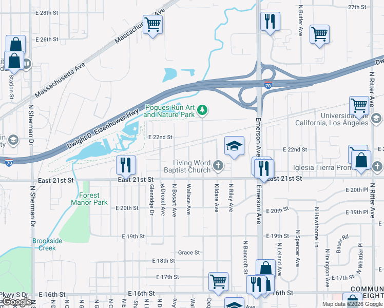 map of restaurants, bars, coffee shops, grocery stores, and more near 2162 Wallace Avenue in Indianapolis