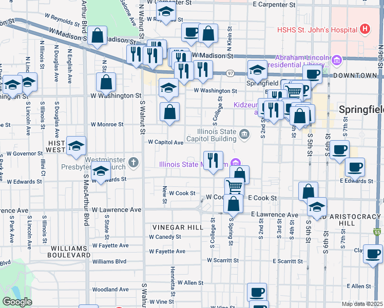 map of restaurants, bars, coffee shops, grocery stores, and more near 404-484 Jackson Parkway in Springfield