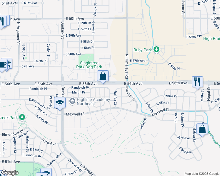 map of restaurants, bars, coffee shops, grocery stores, and more near 19999 Randolph Place in Denver