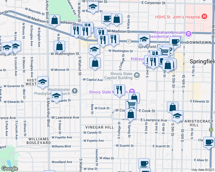 map of restaurants, bars, coffee shops, grocery stores, and more near 404-484 Jackson Parkway in Springfield