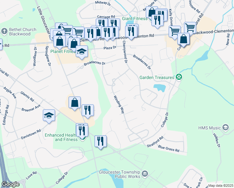 map of restaurants, bars, coffee shops, grocery stores, and more near 1702 Heather Place in Clementon