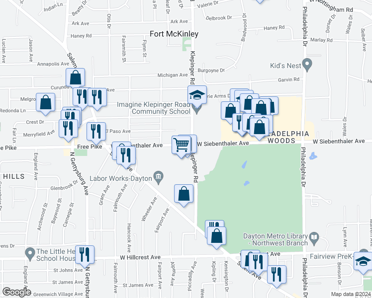 map of restaurants, bars, coffee shops, grocery stores, and more near 3520 West Siebenthaler Avenue in Dayton