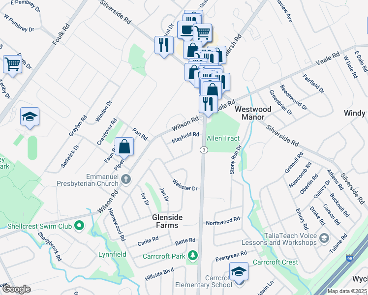 map of restaurants, bars, coffee shops, grocery stores, and more near 2 Celina Court in Wilmington