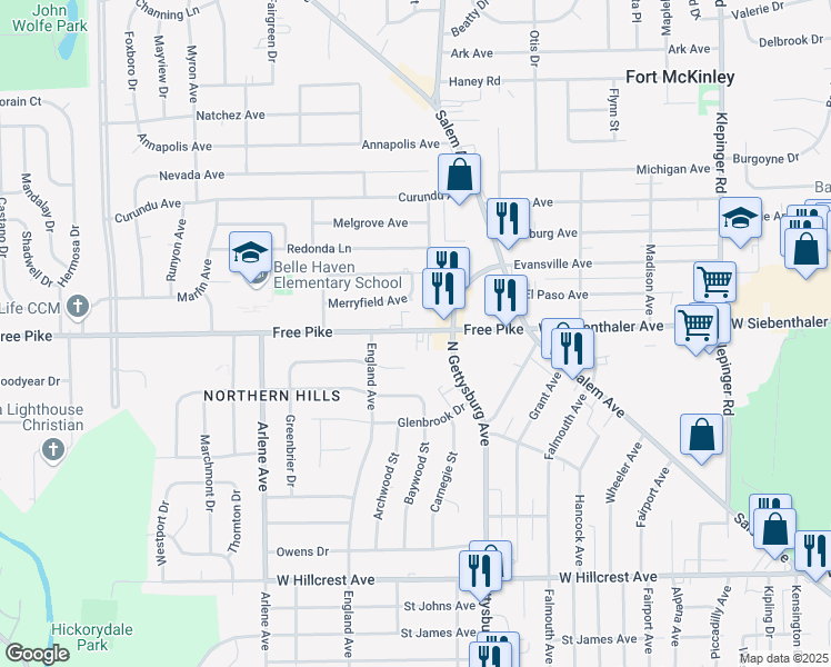 map of restaurants, bars, coffee shops, grocery stores, and more near 4118 Free Pike in Dayton