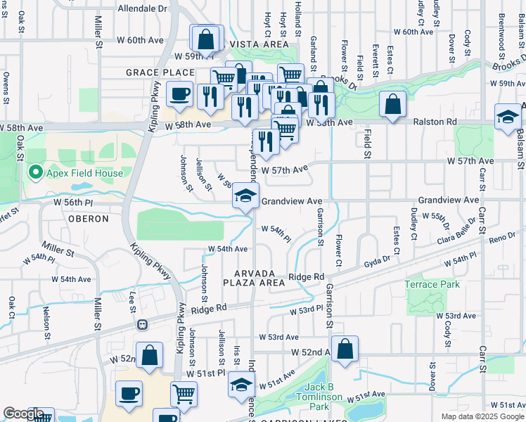 map of restaurants, bars, coffee shops, grocery stores, and more near 5605 Independence Street in Arvada