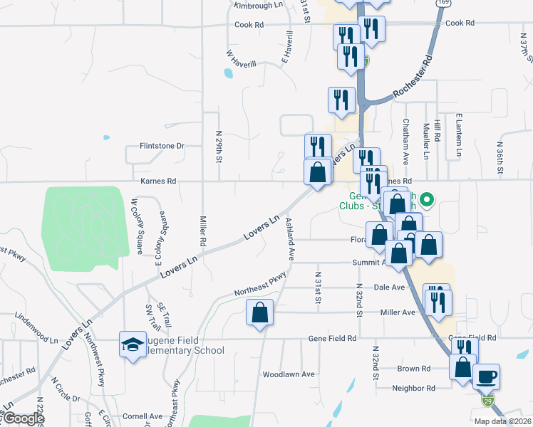 map of restaurants, bars, coffee shops, grocery stores, and more near 2929 Lovers Lane in Saint Joseph
