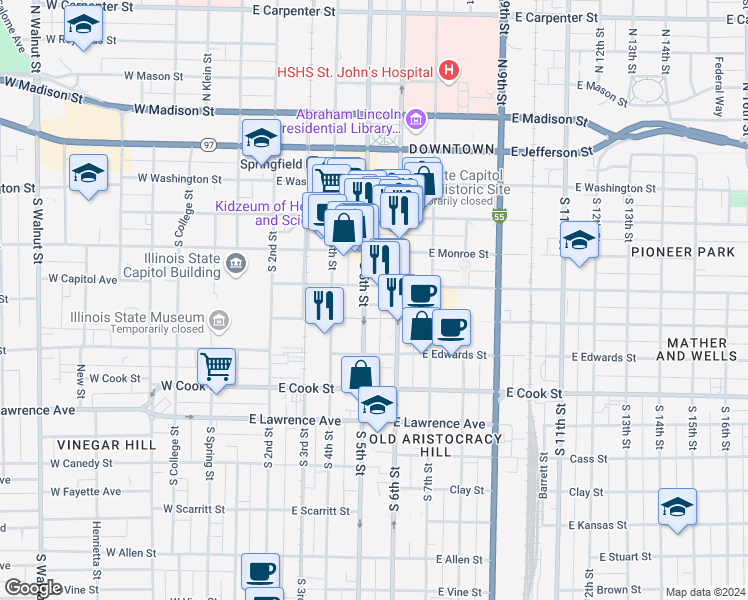 map of restaurants, bars, coffee shops, grocery stores, and more near 410 South 5th Street in Springfield