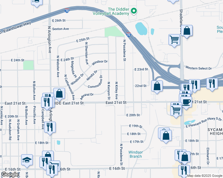 map of restaurants, bars, coffee shops, grocery stores, and more near 2140 North Kitley Avenue in Indianapolis