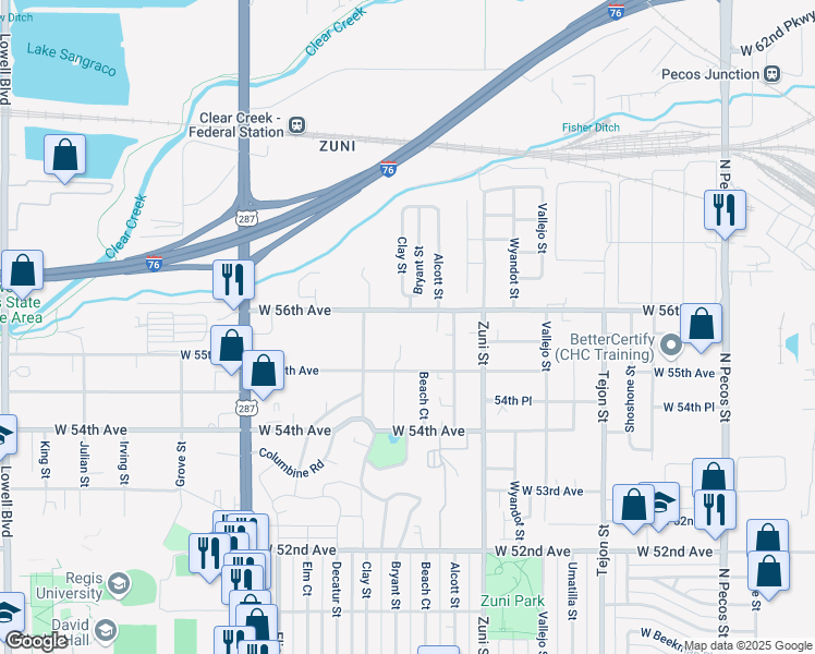 map of restaurants, bars, coffee shops, grocery stores, and more near 2600 West 56th Avenue in Denver
