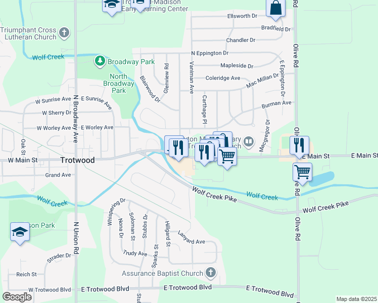 map of restaurants, bars, coffee shops, grocery stores, and more near 651 East Main Street in Trotwood