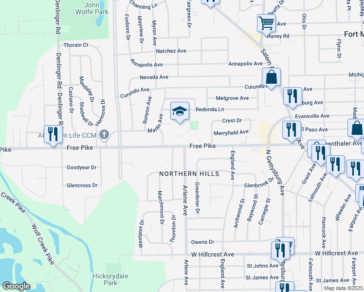 map of restaurants, bars, coffee shops, grocery stores, and more near 4401 Free Pike in Dayton